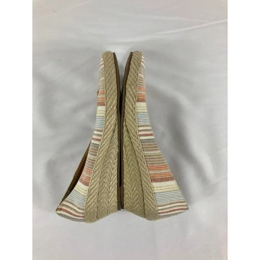 Womens American Eagle Stripe Canvas Espadrille‎ Wedge Tan White Blue W8.5